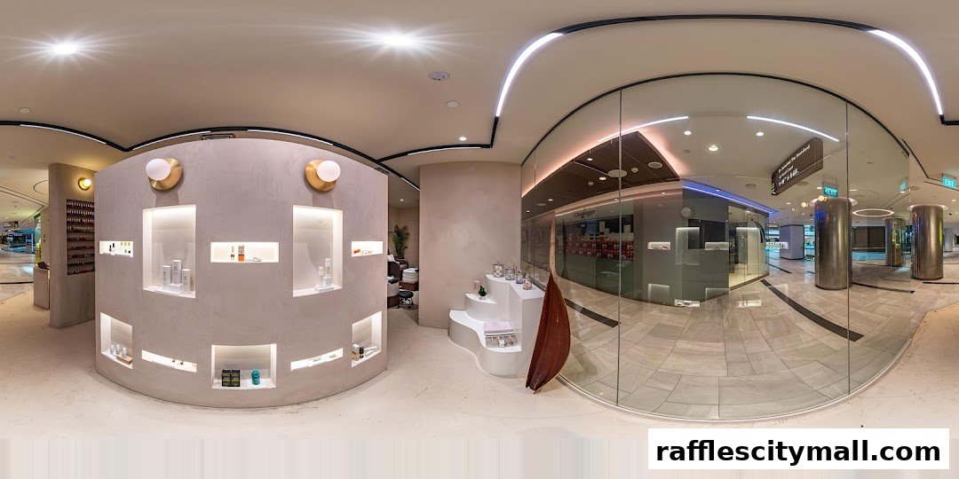 Interior view of a modern beauty salon with product displays and seating.