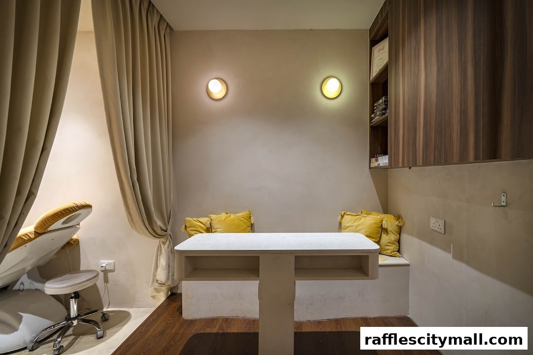 Interior shot of a nail salon with a treatment chair, table, and shelves.