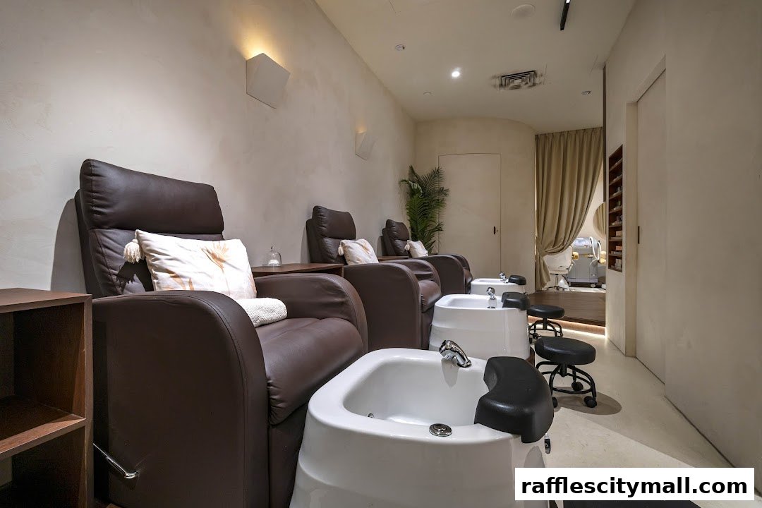 Luxurious pedicure chairs and foot baths in a clean, modern salon setting.