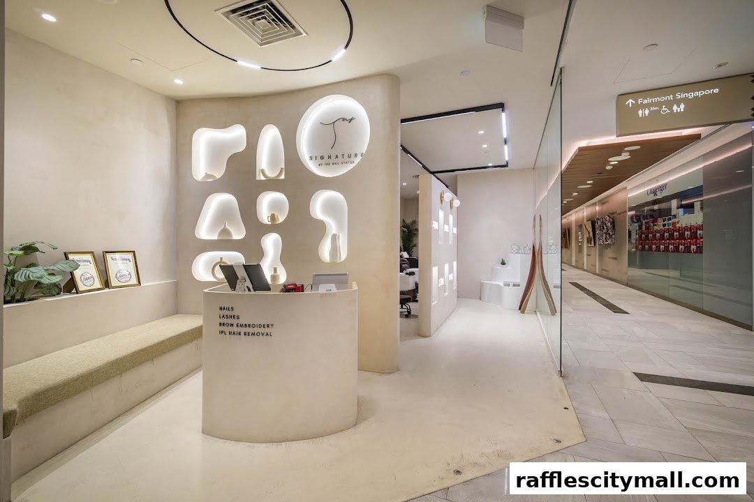 Interior view of a modern nail salon with a reception desk and decorative wall features.