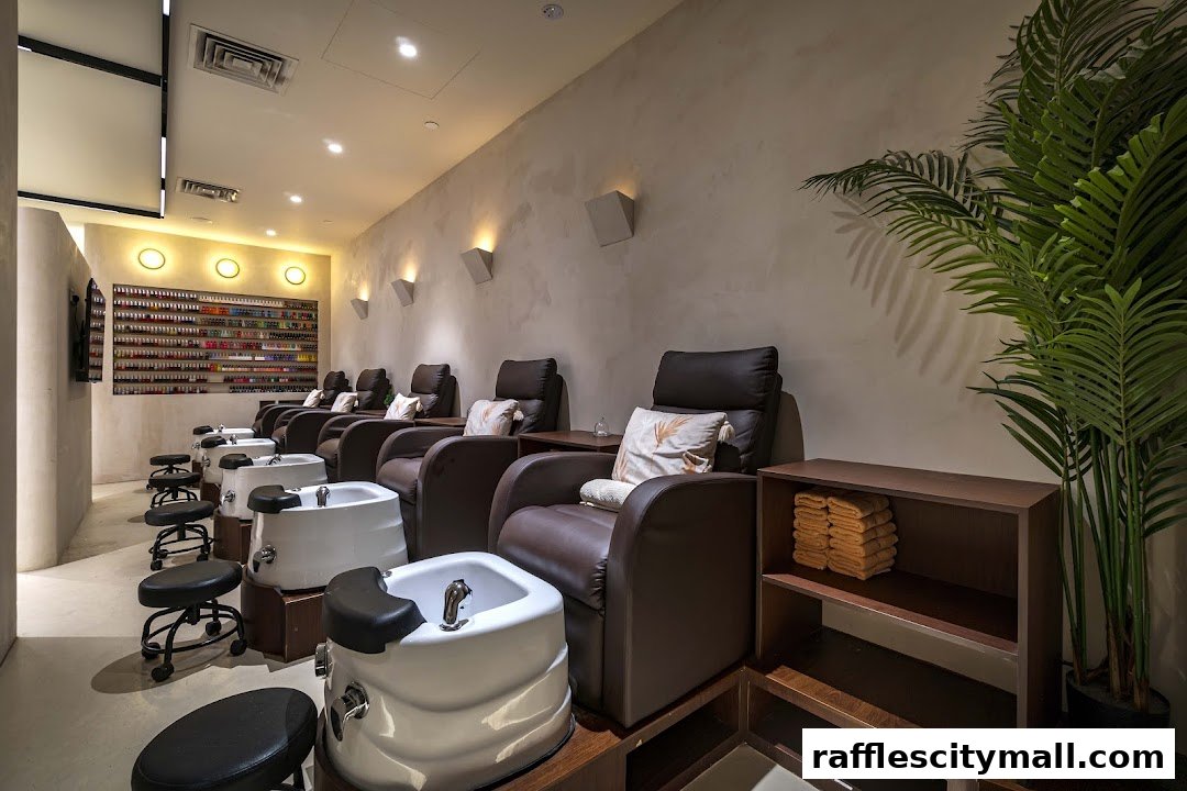 Interior view of a nail salon with pedicure chairs, nail polish display, and plants.