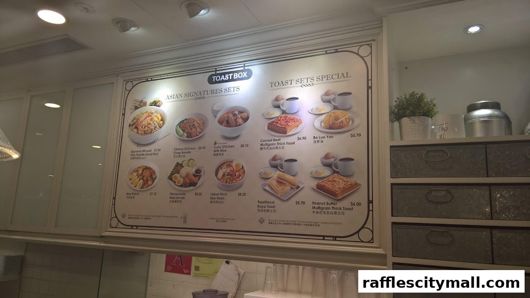 A menu board displaying various Asian signature sets and toast sets from Toast Box.