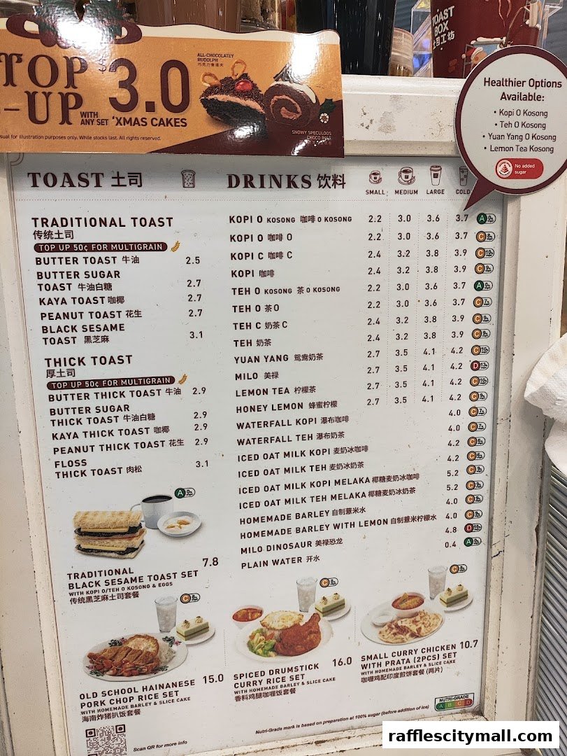 A menu board for Toast Box Raffles City, showcasing toast and drink options with prices.