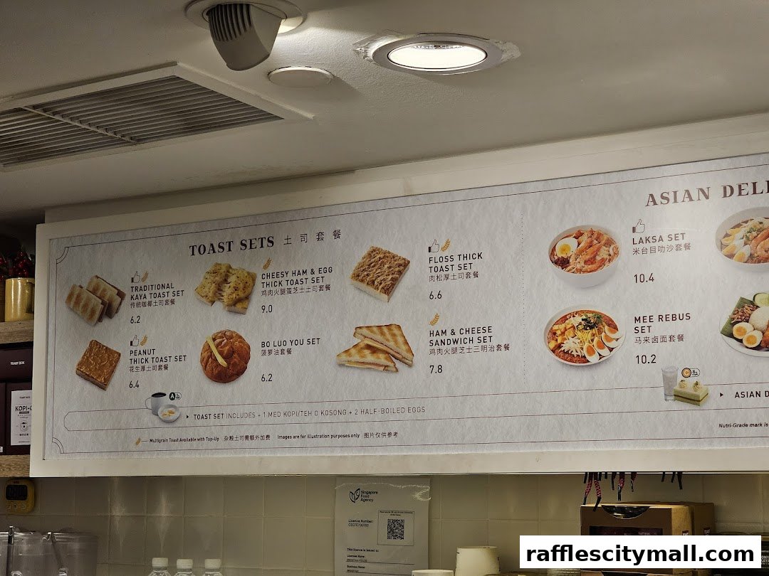 A menu board displaying various toast sets and Asian deli items with prices.