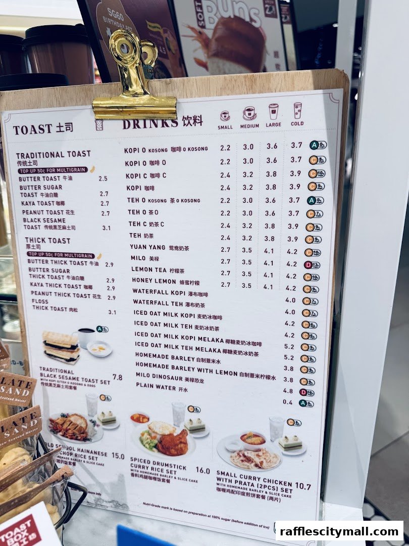 A menu board displaying traditional toast, thick toast, drinks, and set meals with prices.