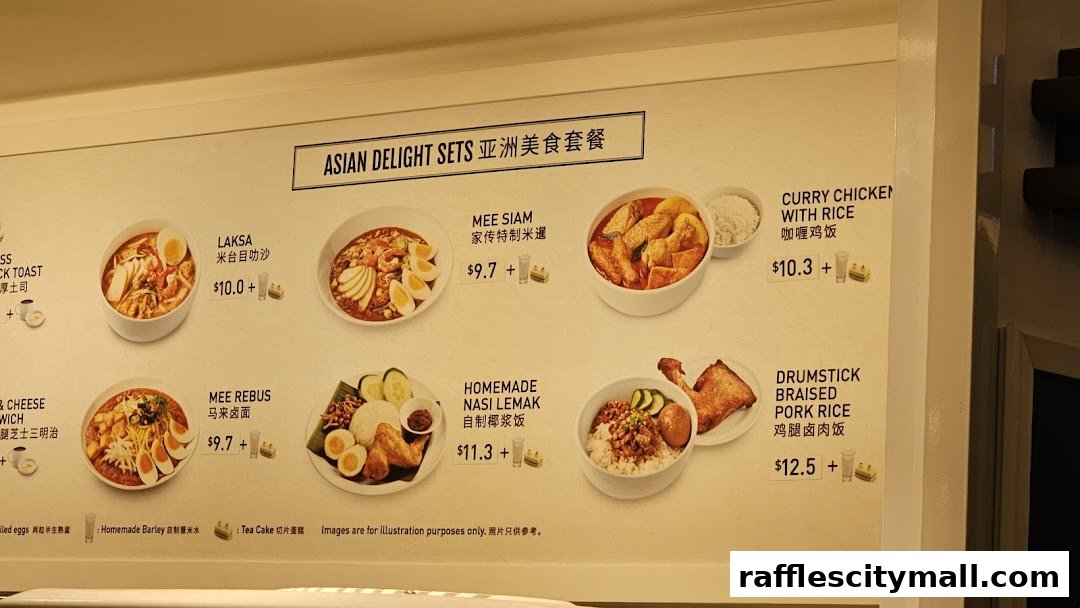 A menu board displaying various Asian delight sets with images and prices.