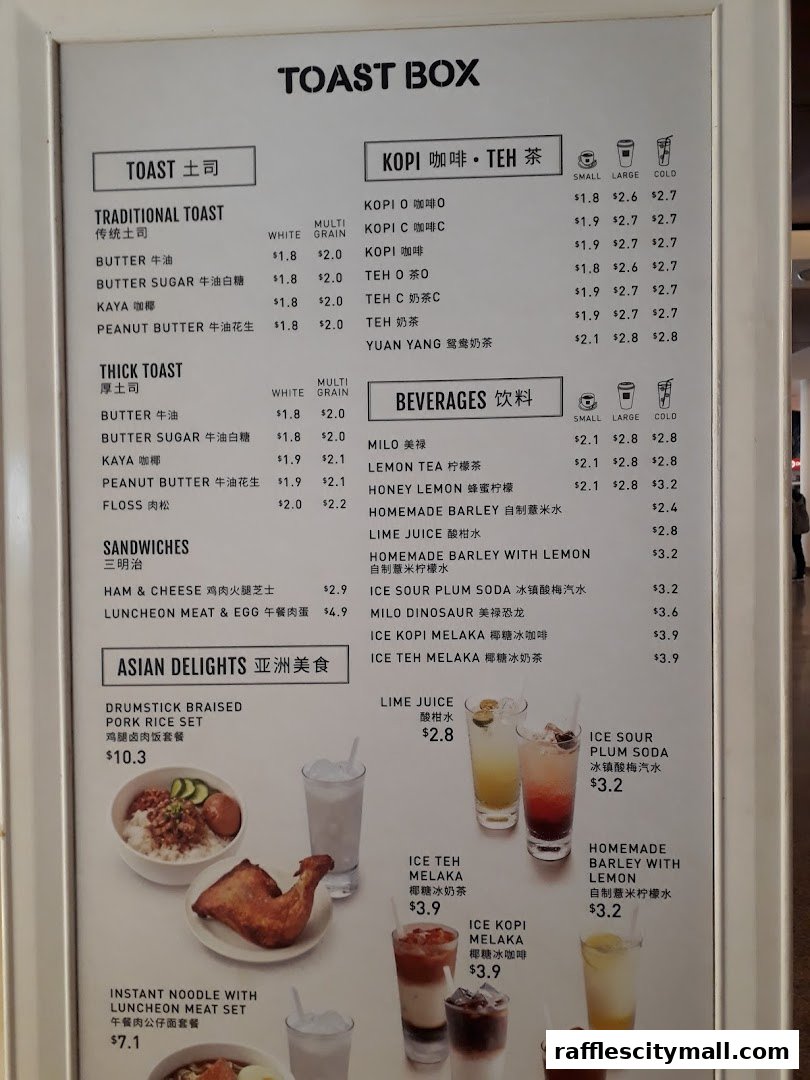 A menu board for Toast Box featuring traditional toast, thick toast, Asian delights, and beverages.