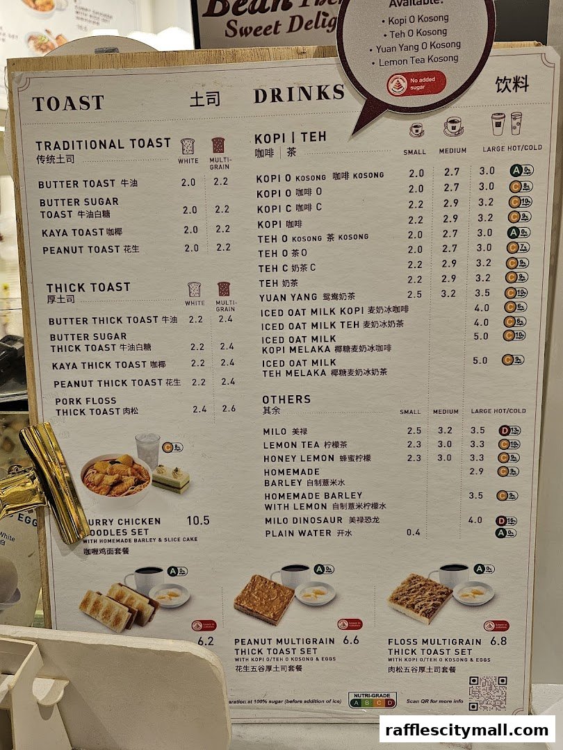 A menu board displaying various toast, drinks, and set meals with prices.
