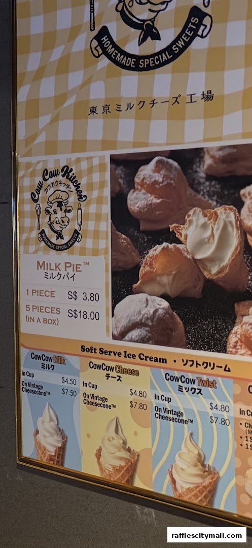 A menu board featuring Milk Pie and Soft Serve Ice Cream from Tokyo Milk Cheese Factory.