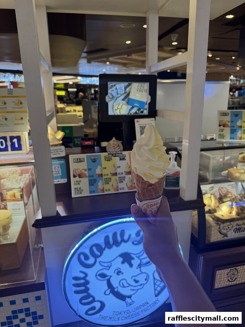 A hand holds a soft-serve ice cream cone in front of a Tokyo Milk Cheese Factory counter.