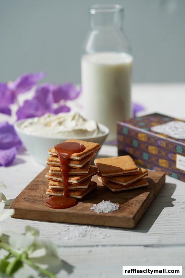 A stack of caramel-drizzled cheese cookies with a bottle of milk and a bowl of cream.