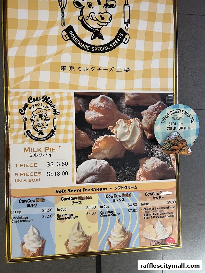 A menu board for Tokyo Milk Cheese Factory featuring milk pies and soft serve ice cream.