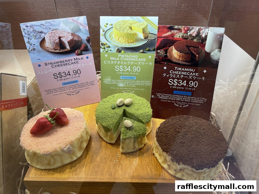 A display of three cheesecakes: Strawberry Milk, Pistachio, and Tiramisu, with their respective product cards.
