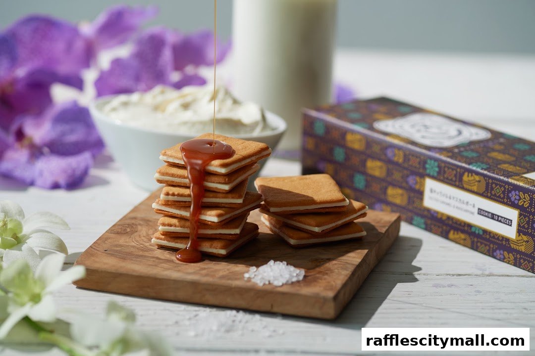 Caramel sauce being poured over stacked cookies with cream and a decorative box.