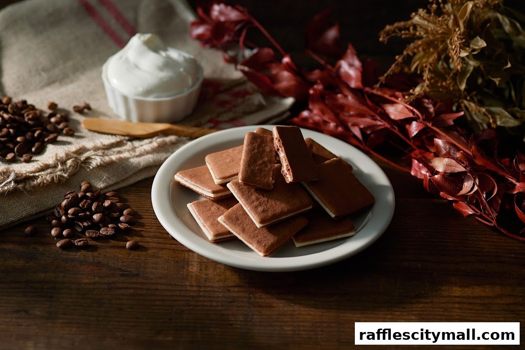 A plate of chocolate cookies with cream and coffee beans on a wooden table.