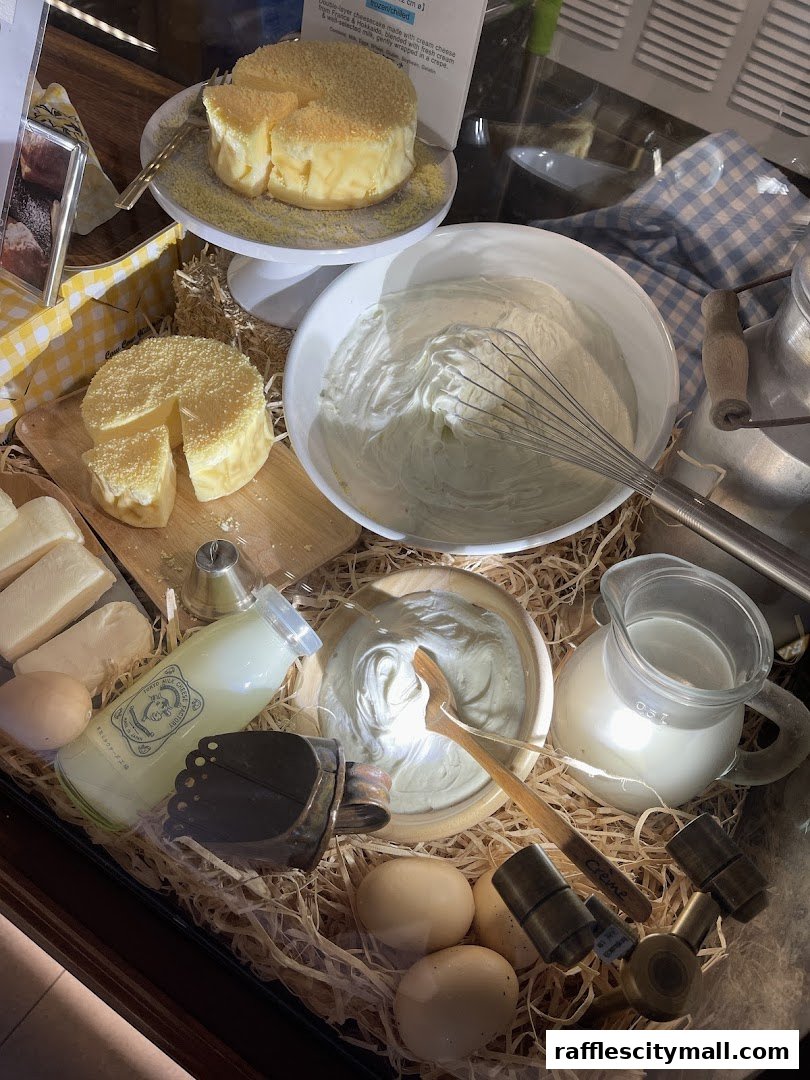 A display of cheesecake ingredients including whole and sliced cheesecakes, eggs, butter, and cream.