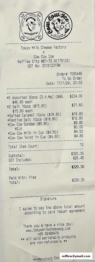 A receipt from Tokyo Milk Cheese Factory x Cow Cow Ice detailing purchased items and their prices.