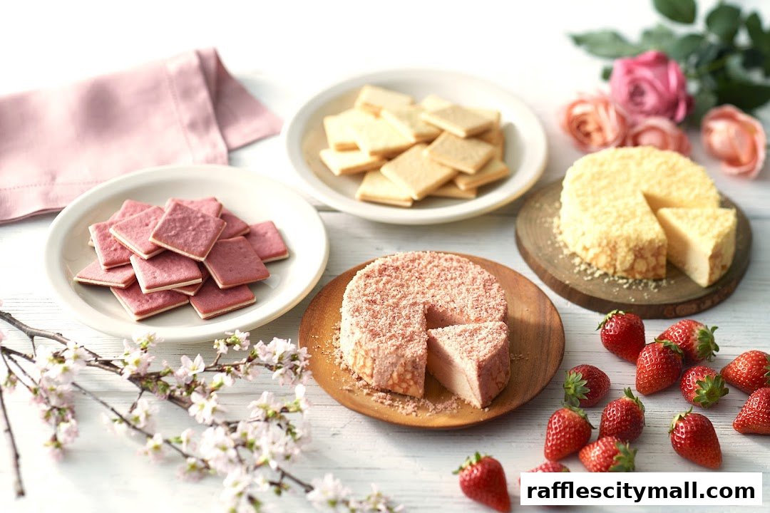 A delightful spread of Tokyo Milk Cheese Factory's signature cookies and cheesecakes, garnished with fresh strawberries and cherry blossoms.