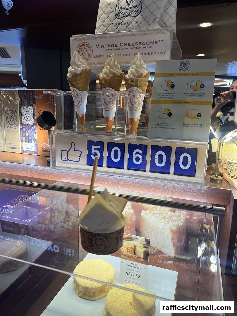 A display of ice cream cones and cheesecakes at Tokyo Milk Cheese Factory.