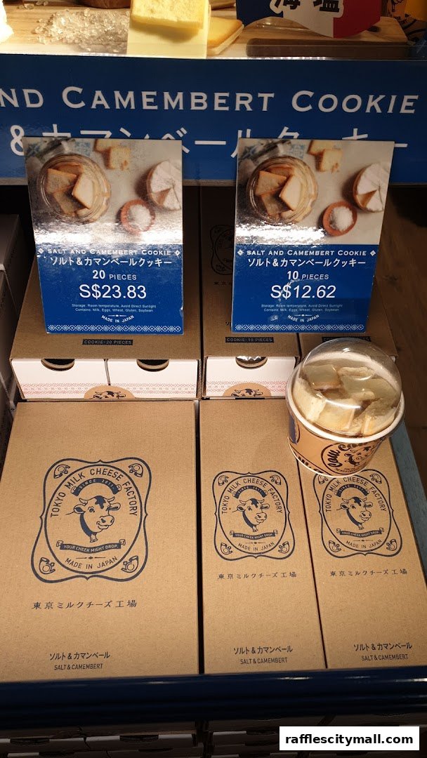 Tokyo Milk Cheese Factory products, including Salt and Camembert cookies and a cup dessert.
