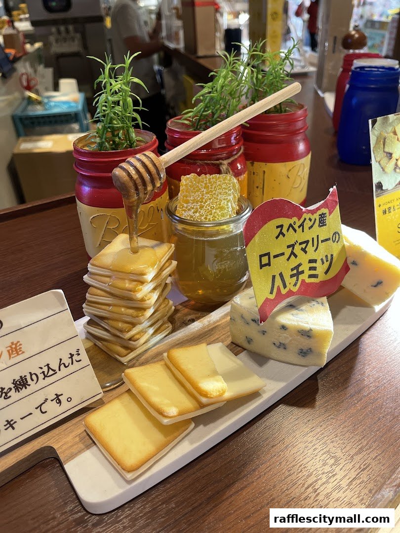 A cheese and honey platter with rosemary and crackers, presented with a honey dipper.