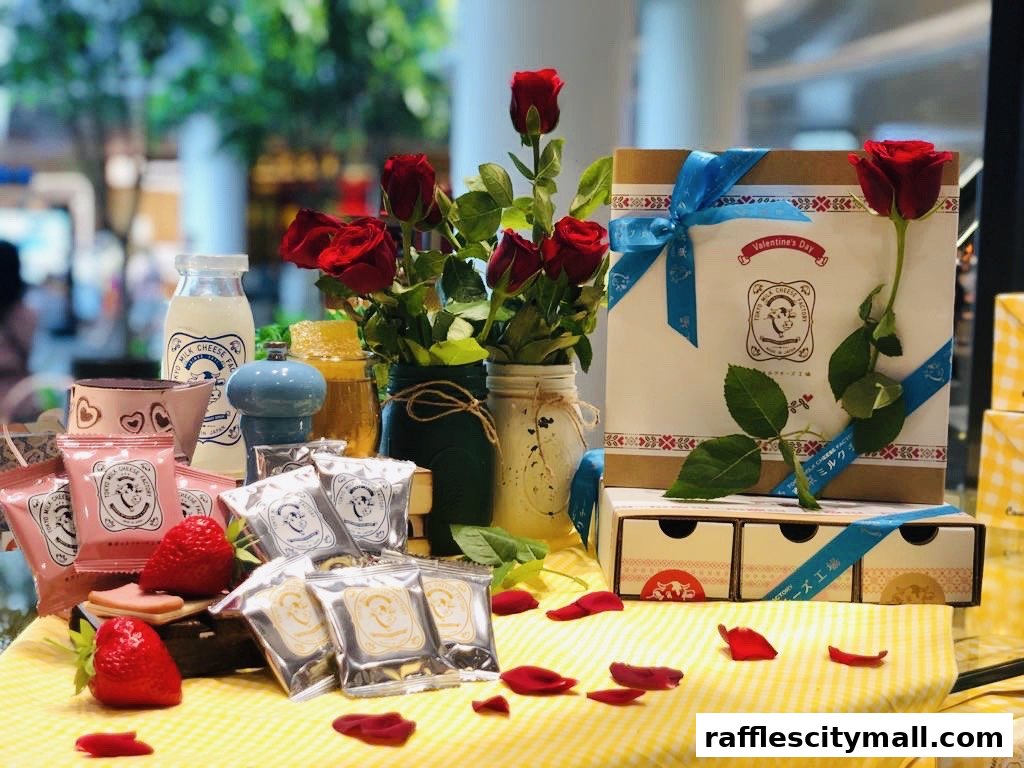 A Valentine's Day display featuring Tokyo Milk Cheese Factory products, roses, and strawberries.