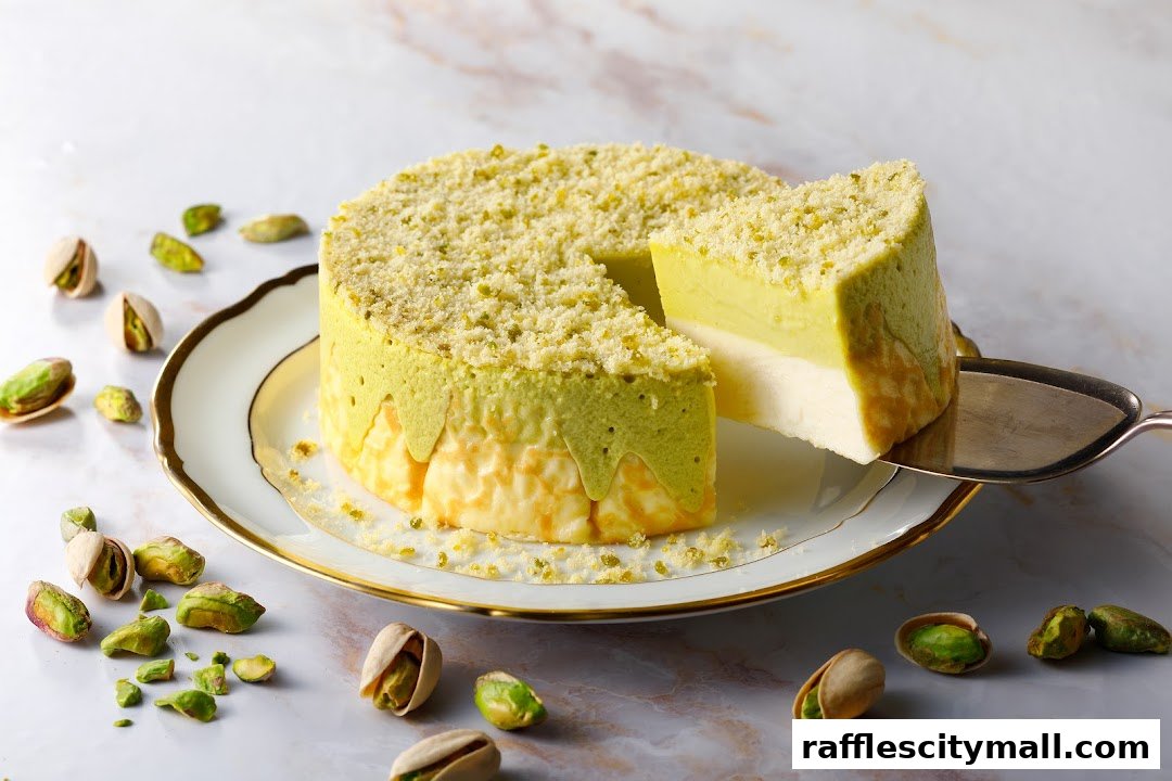 A pistachio cake with a slice being served, surrounded by pistachios.