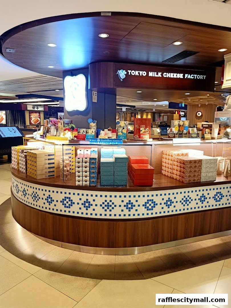 A display of Tokyo Milk Cheese Factory products, featuring various cookie boxes and packaging.