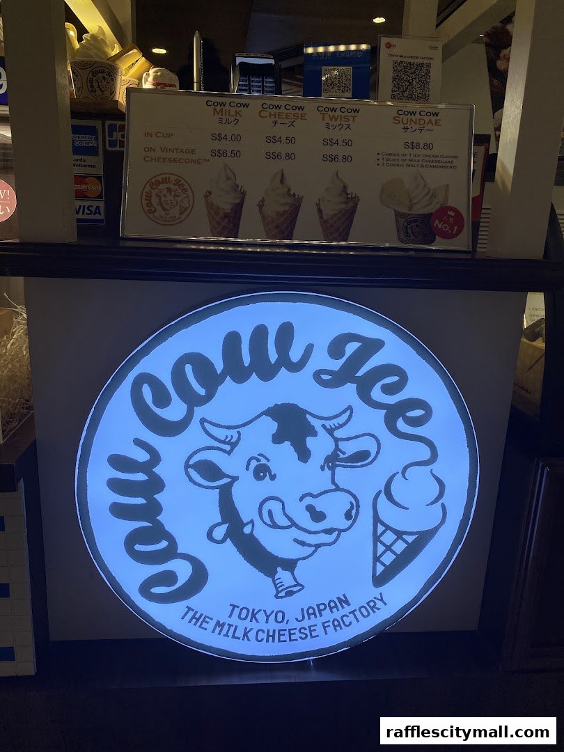 A menu board displays various ice cream flavors and prices from Tokyo Milk Cheese Factory.