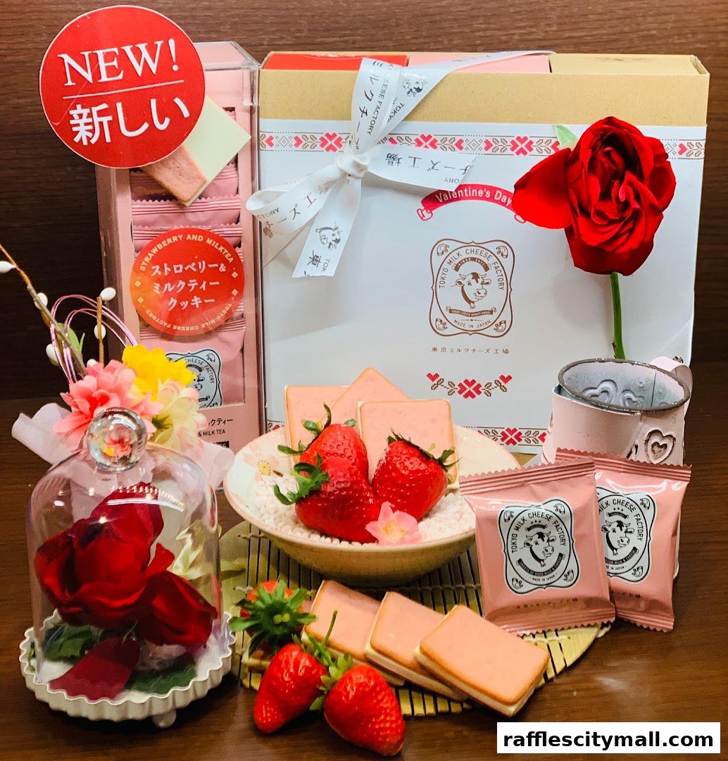 A Valentine's Day gift set featuring strawberry and milk tea cookies, fresh strawberries, and decorative roses.