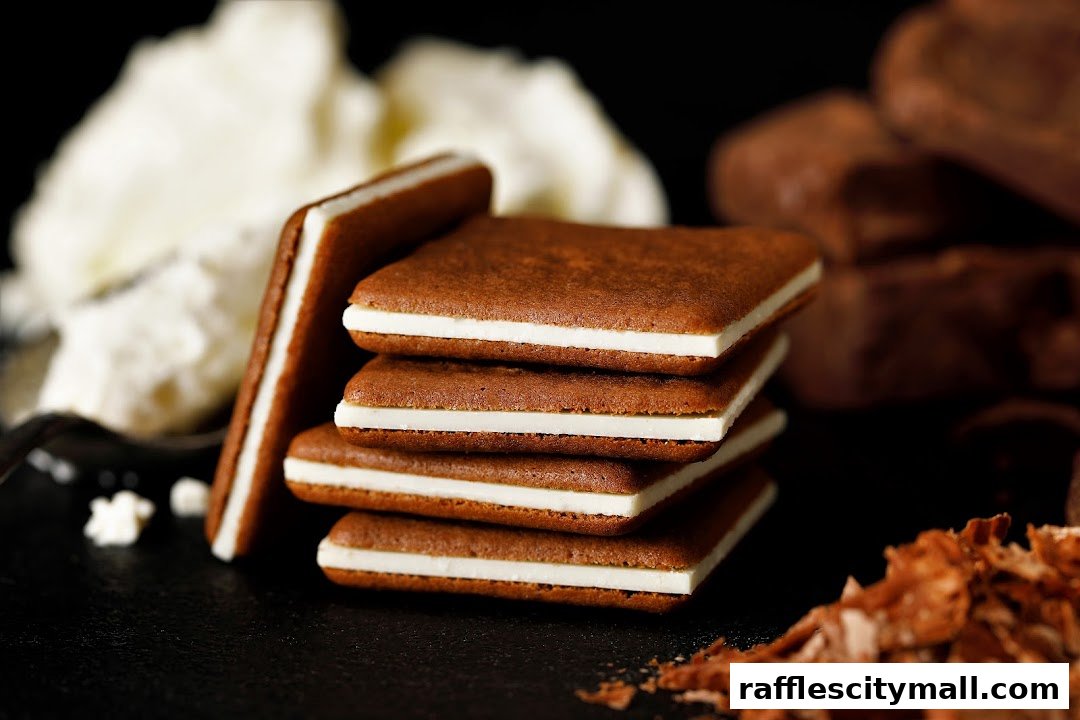 A close-up shot of stacked chocolate cookies with white cream filling, alongside whipped cream and chocolate shavings.