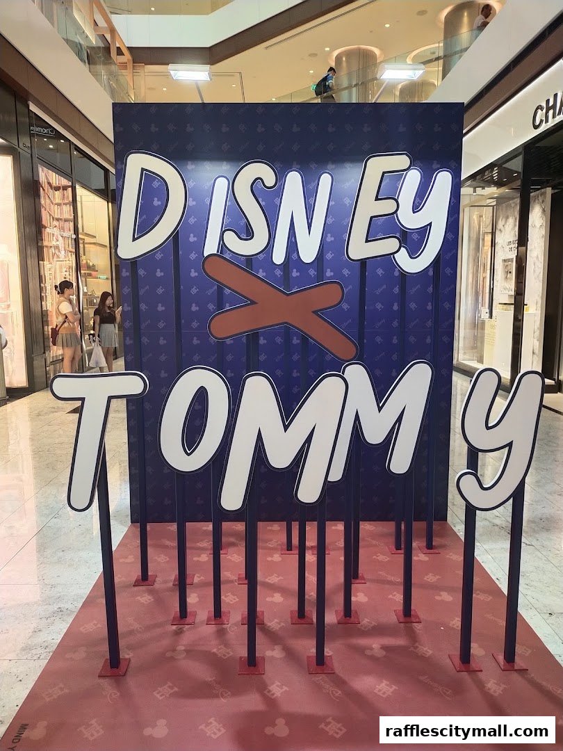 A large display featuring the Disney x Tommy collaboration in a shopping mall.