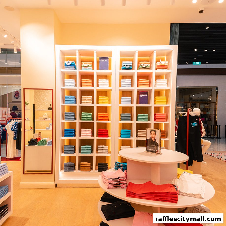 Interior of a Tommy Hilfiger store showcasing neatly folded colorful t-shirts on shelves and displays.