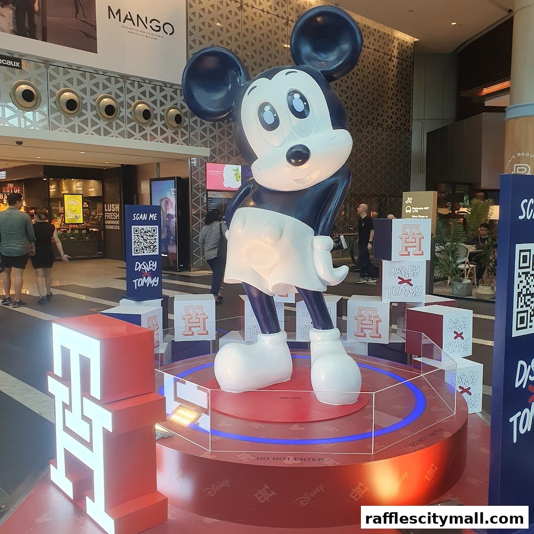 A large Mickey Mouse statue is displayed with Tommy Hilfiger branding and other shops in the background.