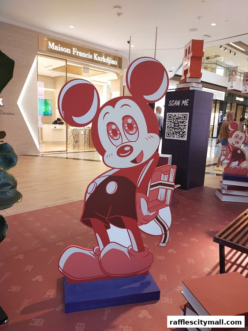 Mickey Mouse cutout with books in front of Maison Francis Kurkdjian store.
