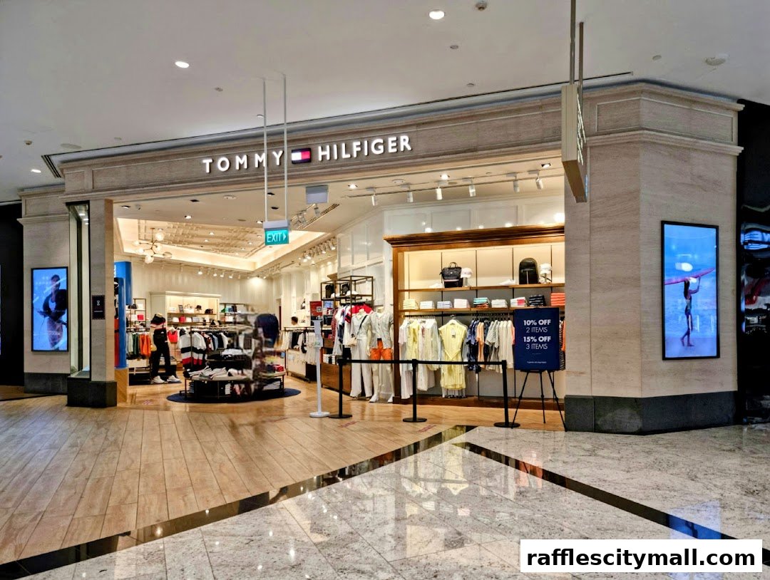 The Tommy Hilfiger store entrance with clothing displays and promotional signage.