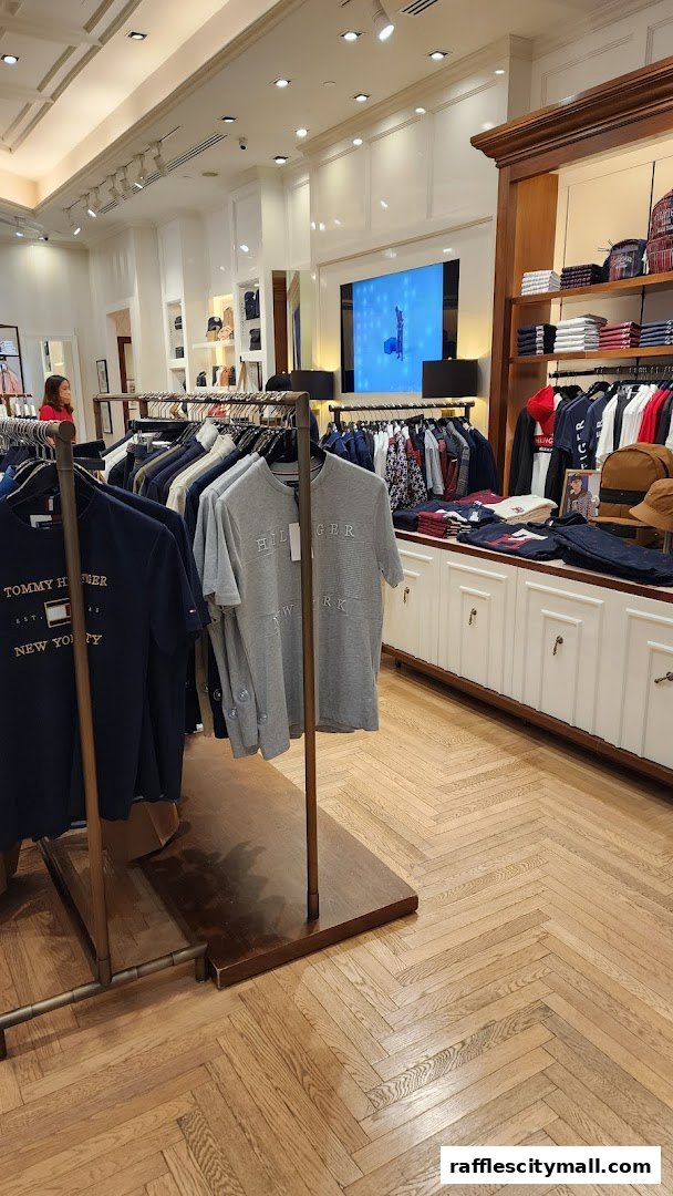 Interior view of a Tommy Hilfiger store showcasing apparel on racks and shelves.