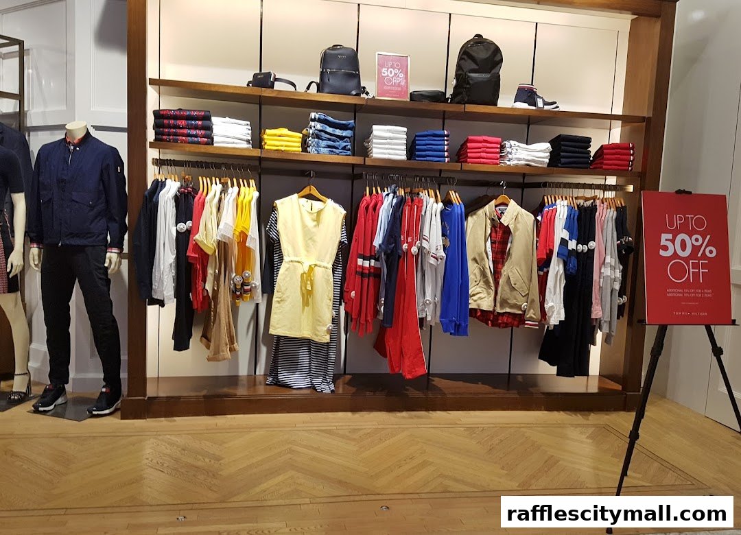 Tommy Hilfiger store interior with mannequins and clothing displays, featuring a 50% off sale.