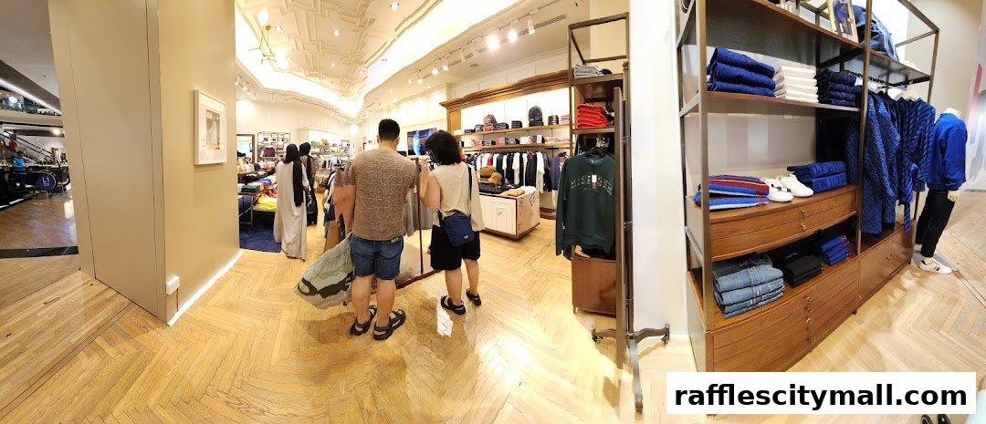 Interior view of a Tommy Hilfiger store with clothing displays and shoppers.