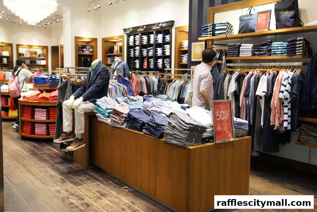 Interior of a Tommy Hilfiger store with neatly folded shirts and clothing racks.
