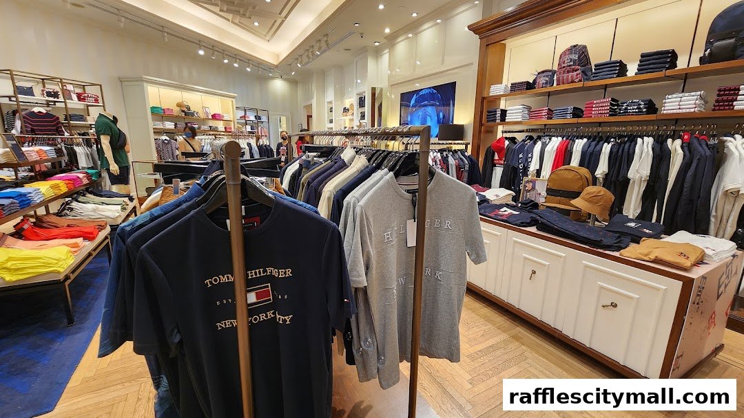 Interior view of a Tommy Hilfiger store showcasing a variety of apparel and accessories.
