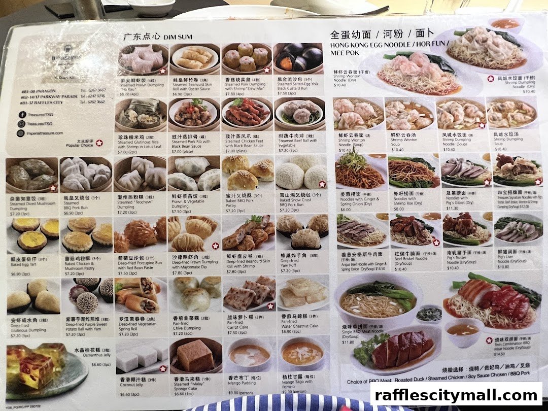 A menu from Treasures Yi Dian Xin featuring various dim sum and noodle dishes with pictures and prices.