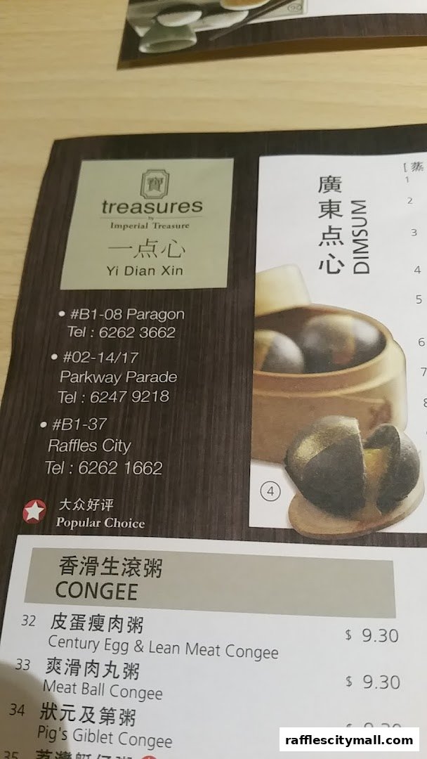 A menu from Treasures Yi Dian Xin featuring congee dishes and dim sum.