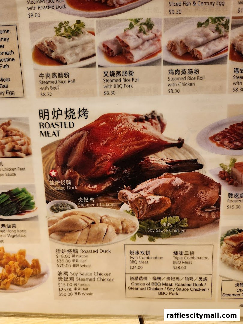 A menu featuring various roasted meats and steamed rice rolls with prices.