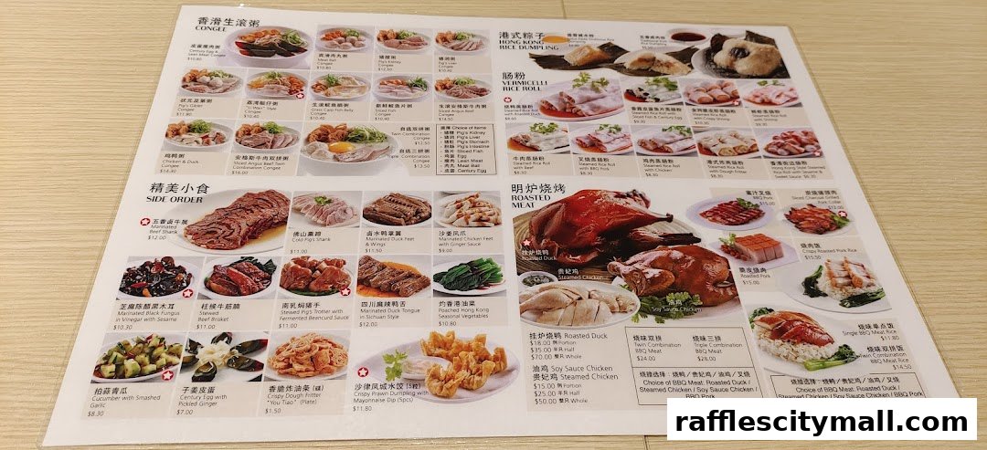 A menu from Treasures Yi Dian Xin featuring congee, side orders, vermicelli rice rolls, and roasted meats.