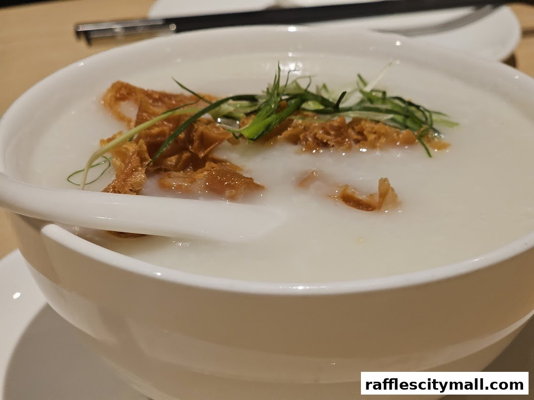 A close-up shot of a bowl of congee topped with crispy fried dough and scallions.