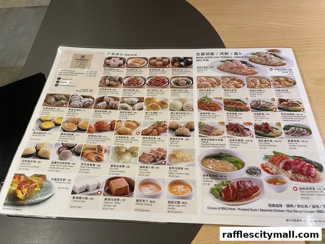A menu from Treasures Yi Dian Xin featuring various dim sum and noodle dishes with accompanying images.