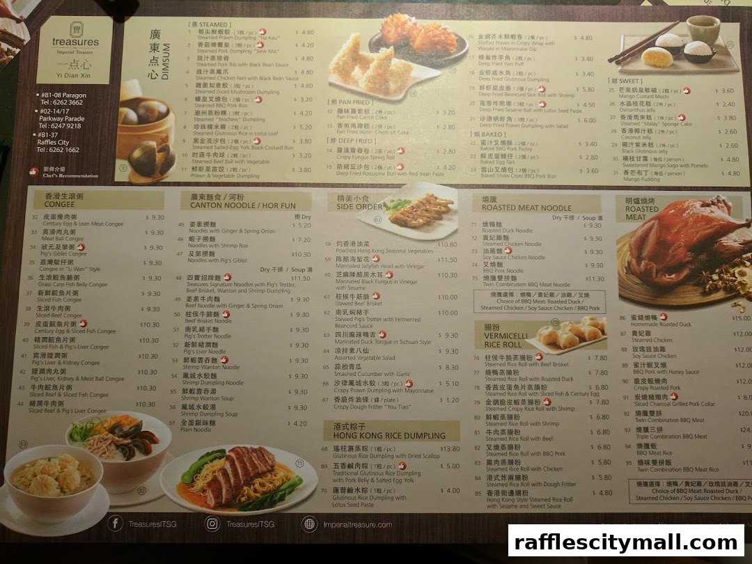 A menu from Treasures Yi Dian Xin featuring dim sum, congee, noodles, and roasted meats.
