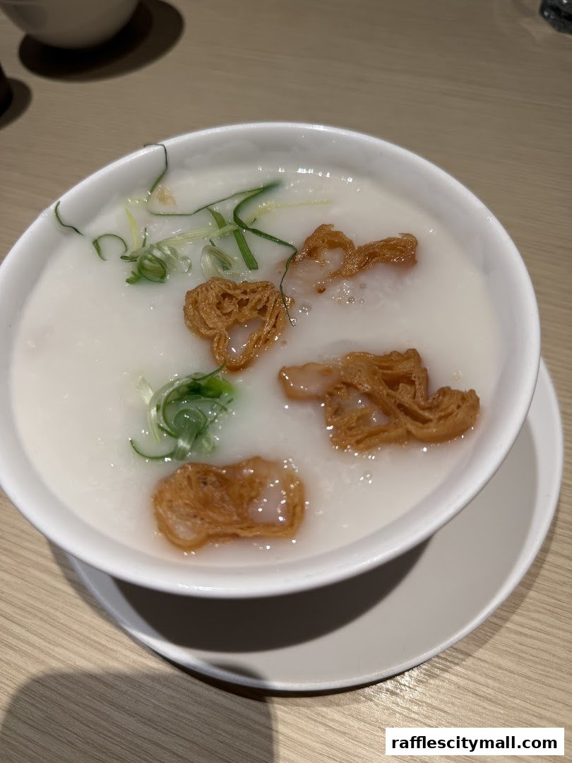 A close-up shot of a bowl of congee topped with fried dough sticks and scallions.