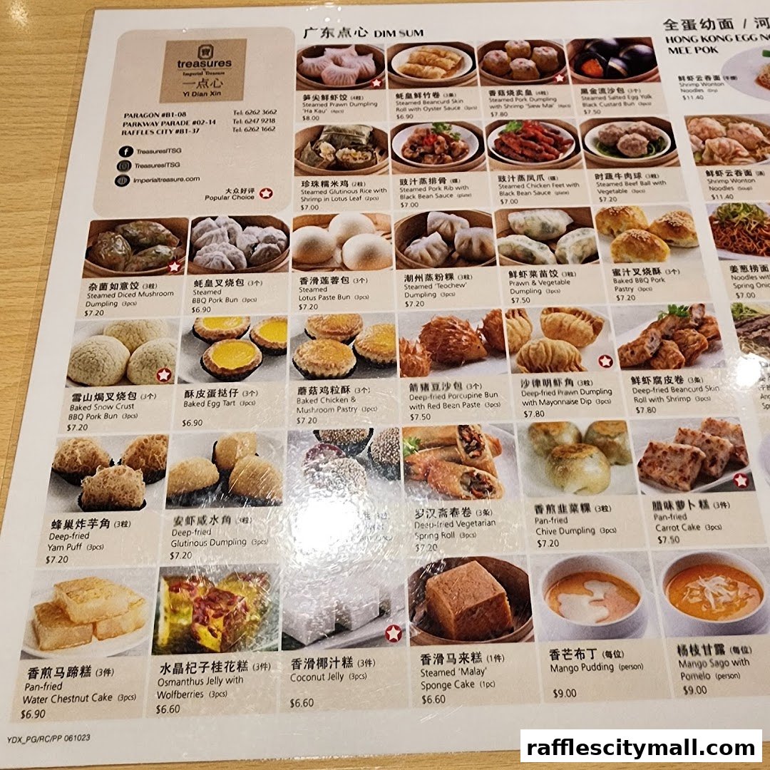 A menu from Treasures Yi Dian Xin featuring various dim sum dishes with images and prices.
